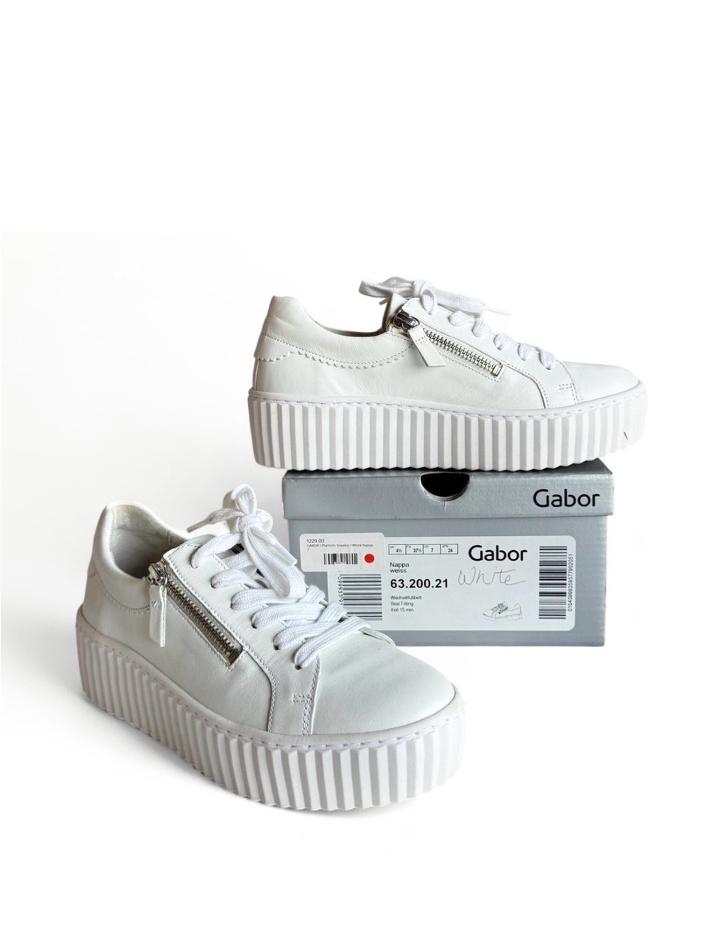 Gabor White Platform Lace-Up Sneakers with Side Zip